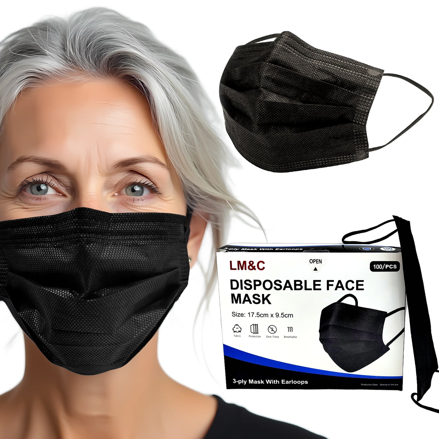 LM&C Premium 3‑Ply Black Face Masks – Bulk 100 Pack | Cleanroom Manufactured