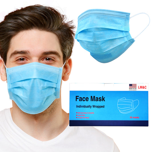 LM&C 3‑Layer Surgical Masks – Individually Wrapped – Cleanroom Manufactured – Breathable Lightweight Disposable Face Covers – FDA‑EUA – Made in USA – 50 Pack